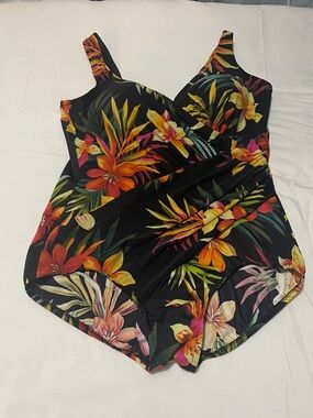 Miraclesuit Tropical Crossover Floral Black One-Piece Swimsuit 18W